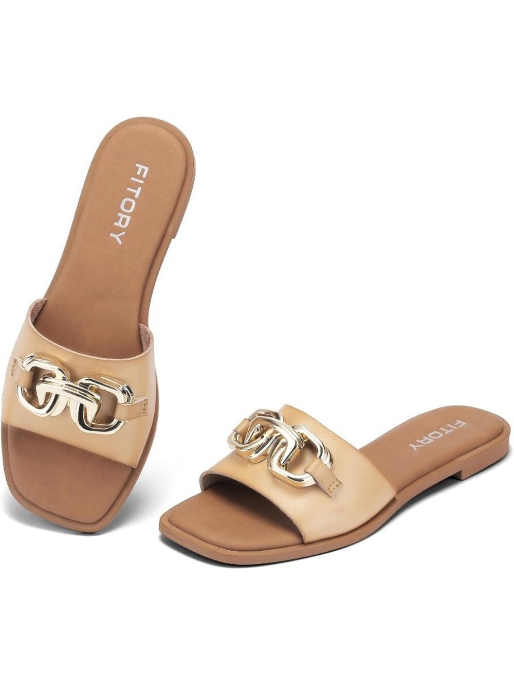 Women's Camel Flat Slides With Soft Vegan Upper Leather Slippers Causal